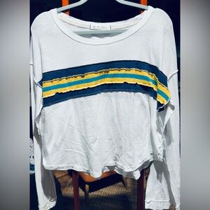 We The Free White Top with Blue and Yellow Stripes
